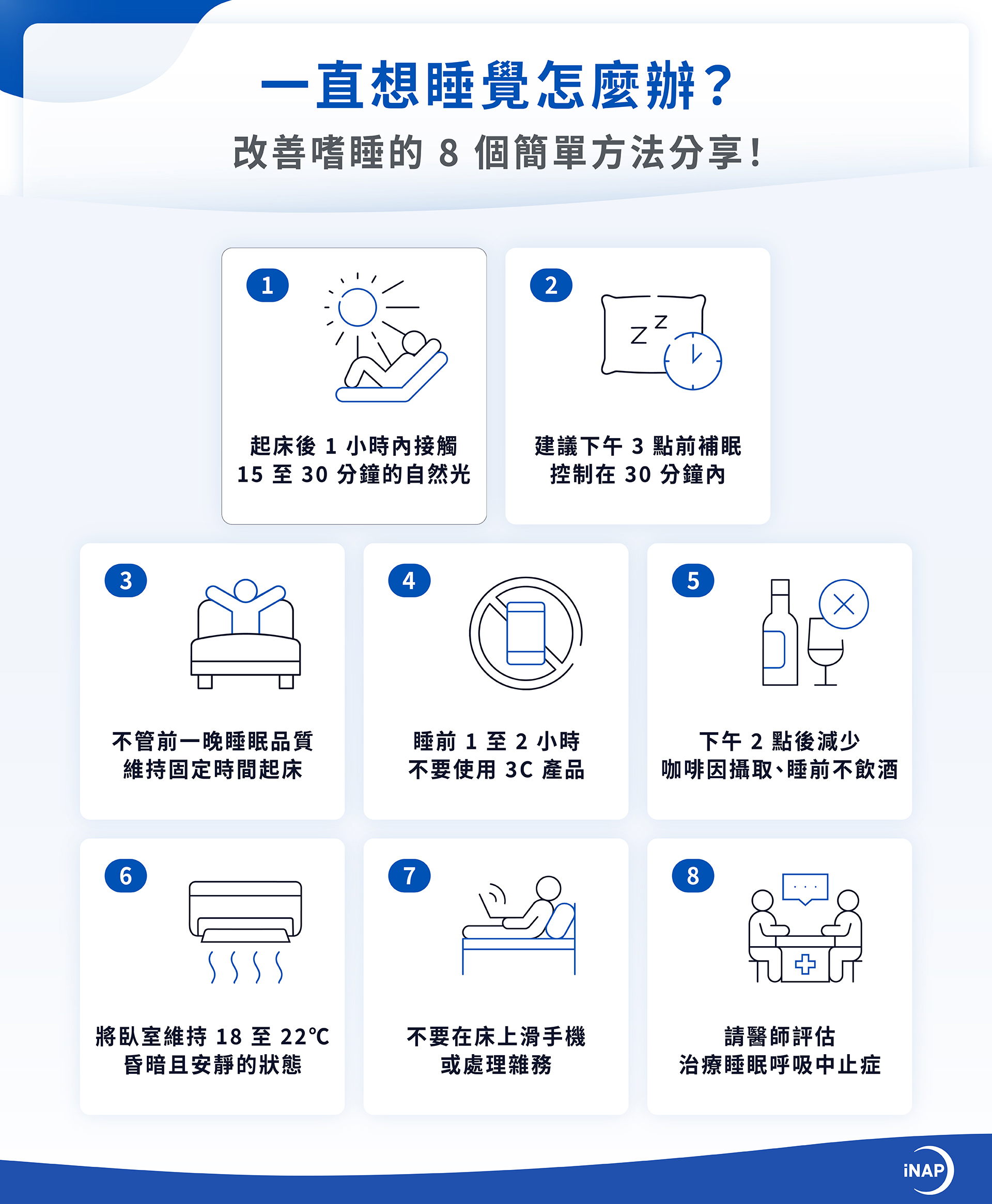 改善嗜睡的 8 個簡單方法：起床接觸晨間日光、控管日間補眠時間、起床時間維持一致、睡前不要用 3C 產品、限制咖啡因與酒精攝取、調整睡眠環境、不要在床上做睡眠以外的事情、評估與治療睡眠呼吸中止症
